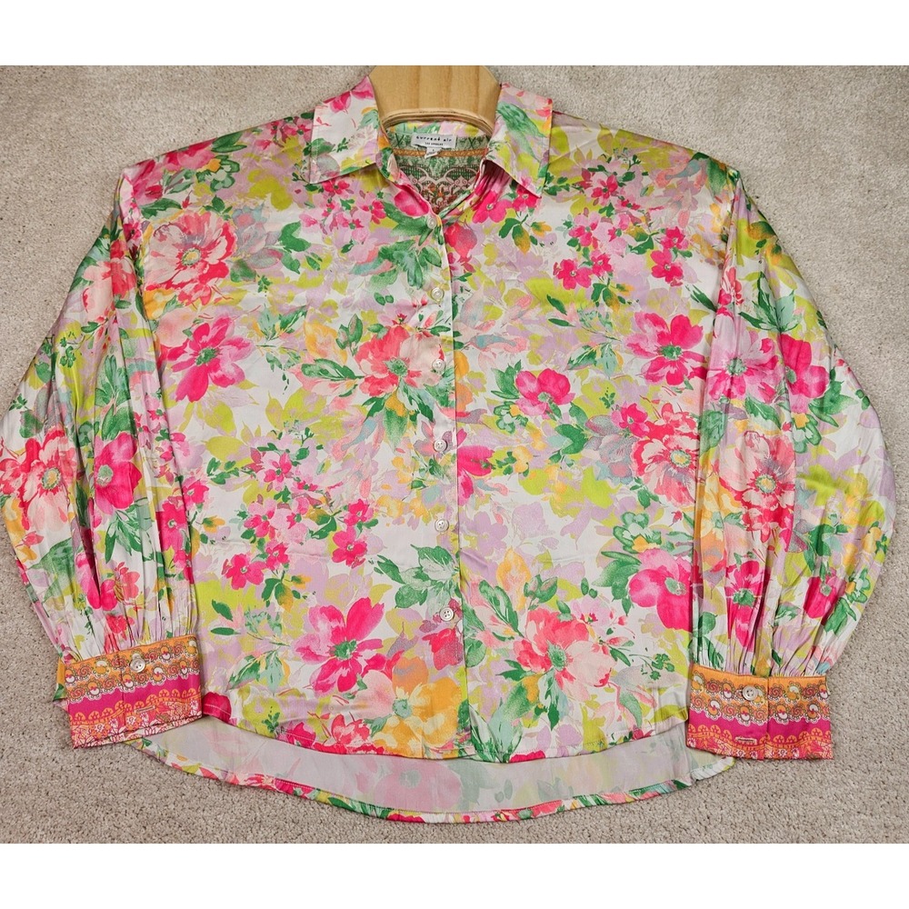 Current Air L Botanical Vibrant Floral Blouse Boho Maximalist Dopamine Satin